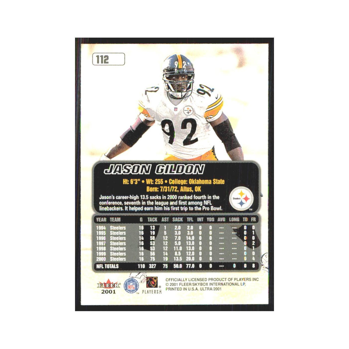 Jason Gildon 2001 Fleer Ultra #112 Pittsburgh Steelers Football Card NM