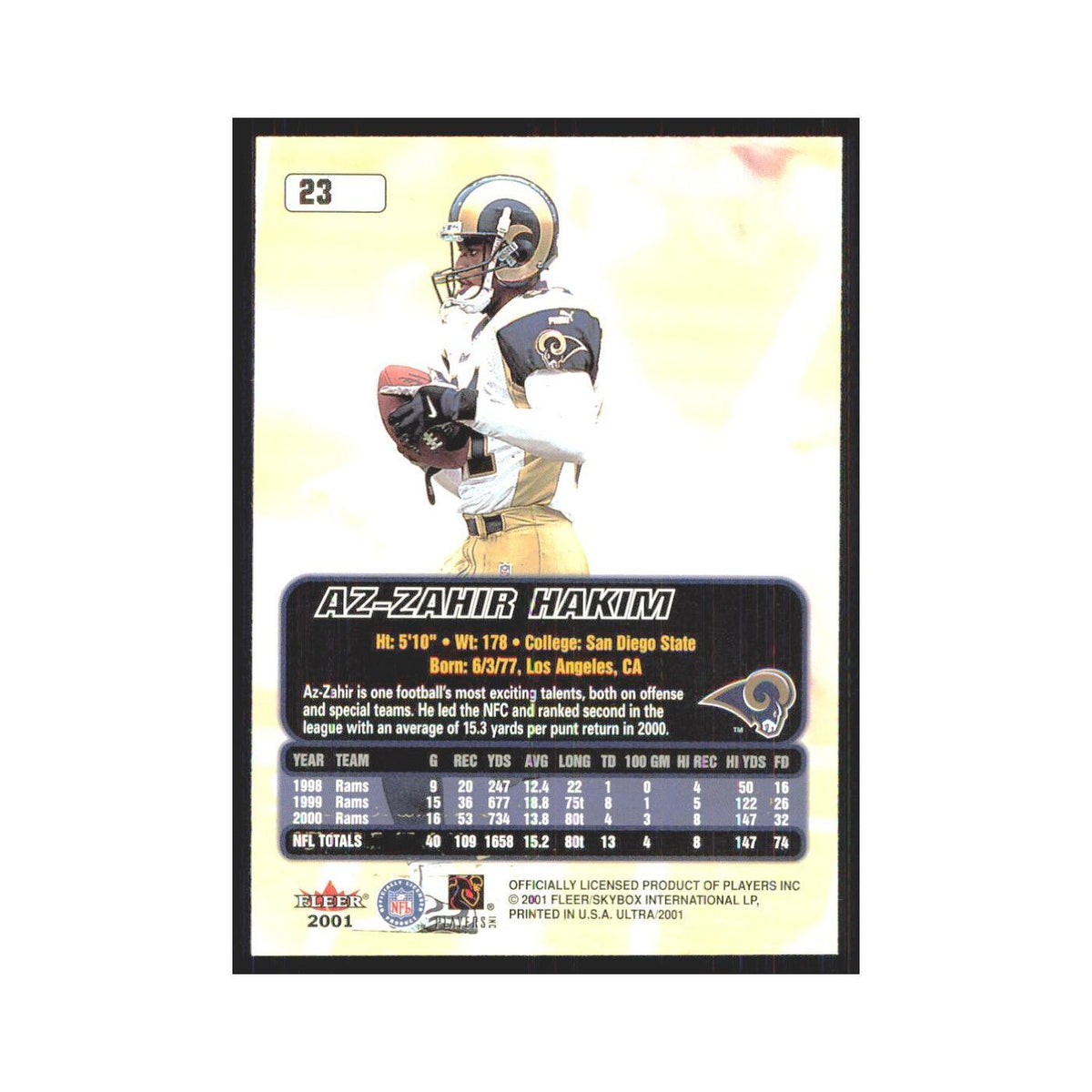 Az-Zahir Hakim 2001 Fleer Ultra #23 St. Louis Rams Football Card NM