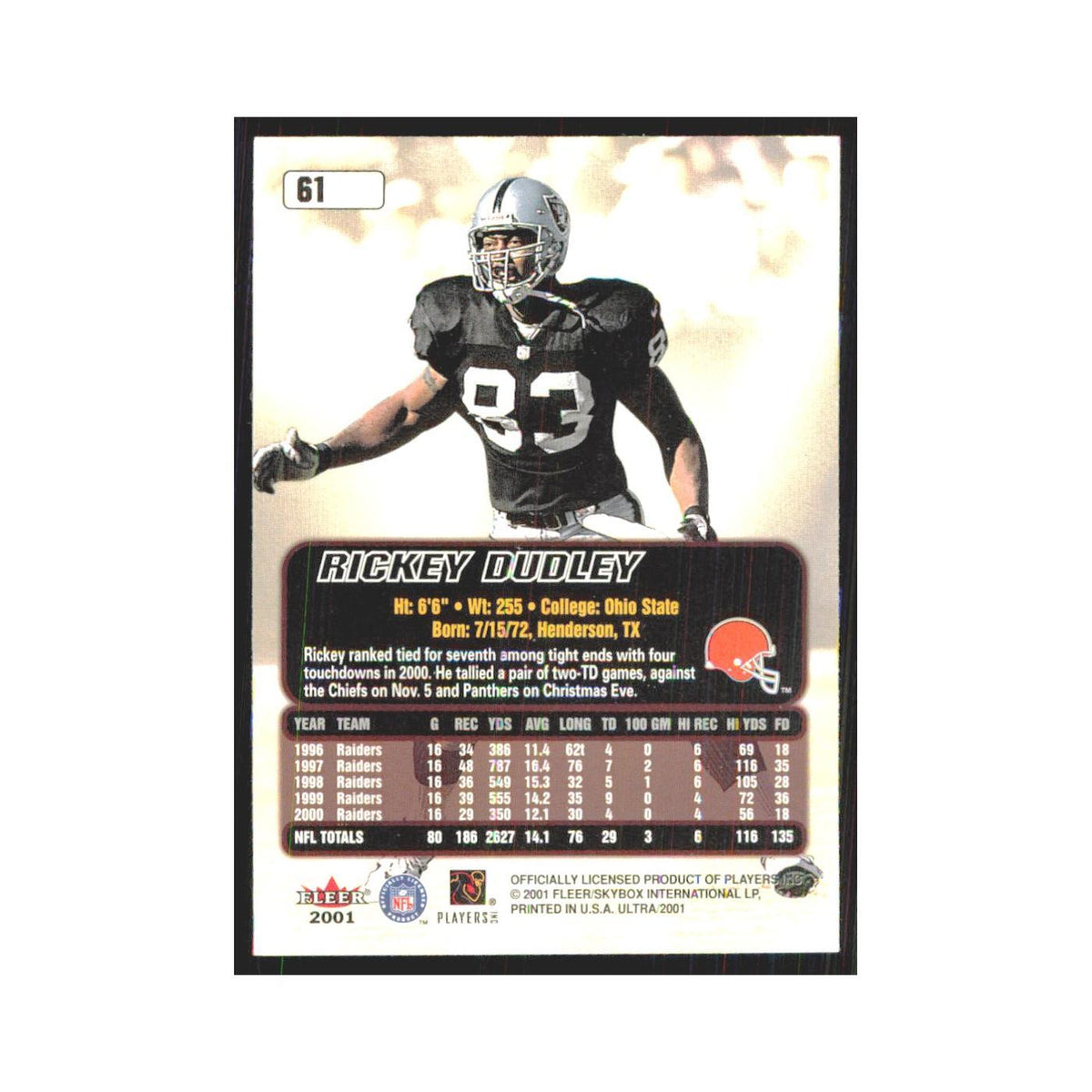 Rickey Dudley 2001 Fleer Ultra #61 Cleveland Browns Football Card NM