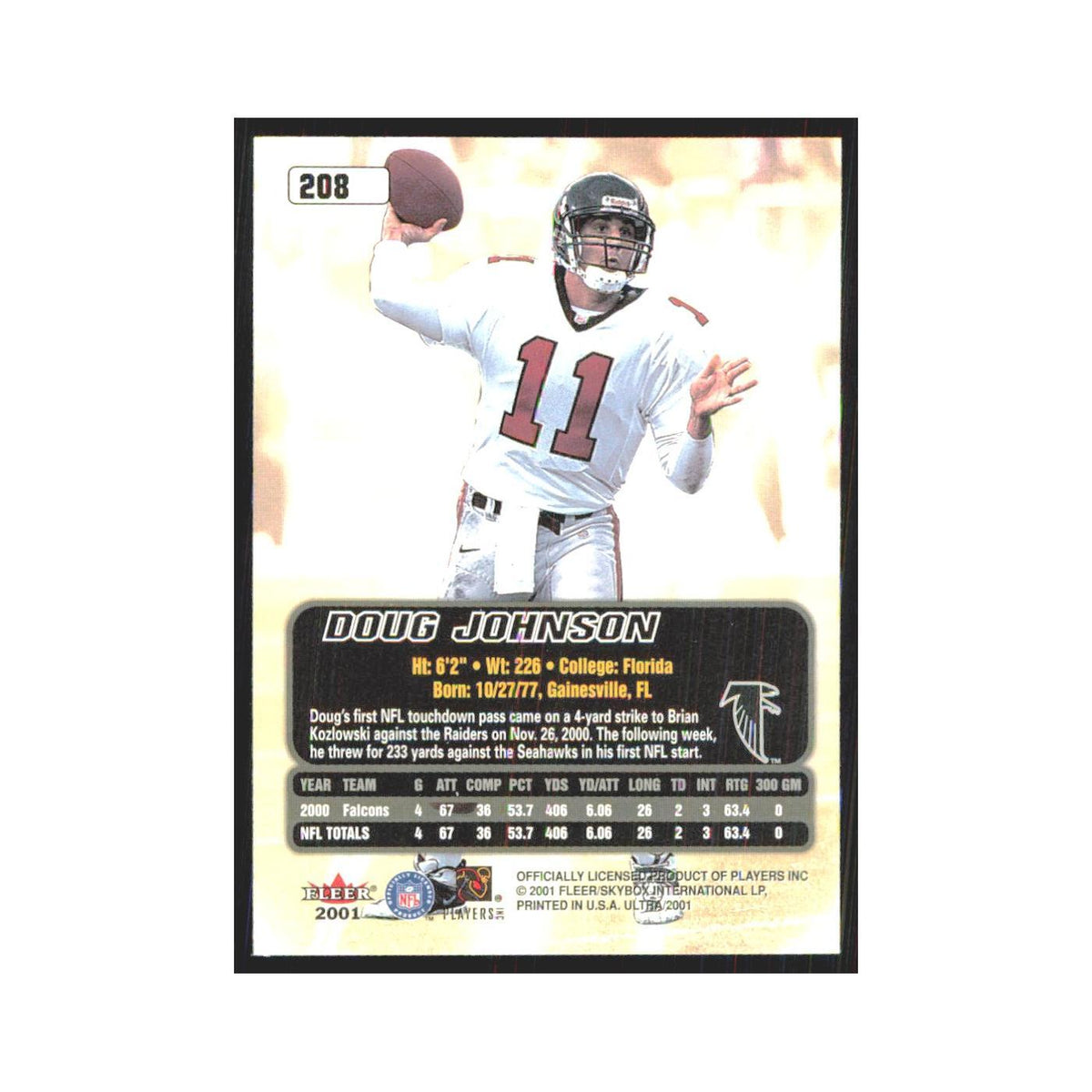 Doug Johnson 2001 Fleer Ultra #208 Atlanta Falcons Football Card NM