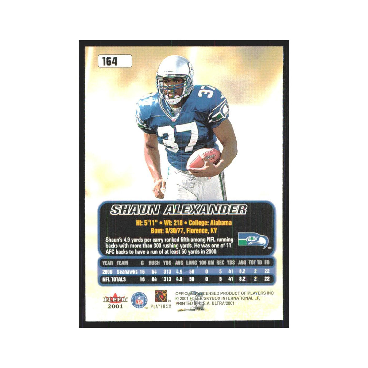 Shaun Alexander 2001 Fleer Ultra #164 Seattle Seahawks Football Card NM