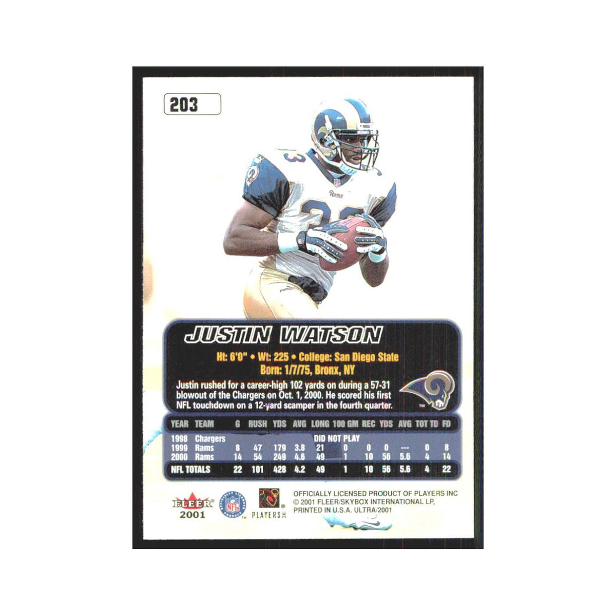 Justin Watson 2001 Fleer Ultra #203 St. Louis Rams Football Card NM