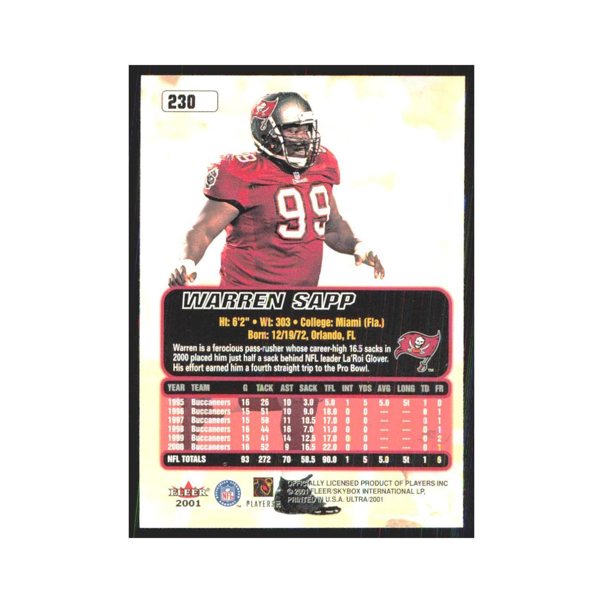 Warren Sapp 2001 Fleer Ultra #230 Tampa Bay Buccaneers Football Card NM
