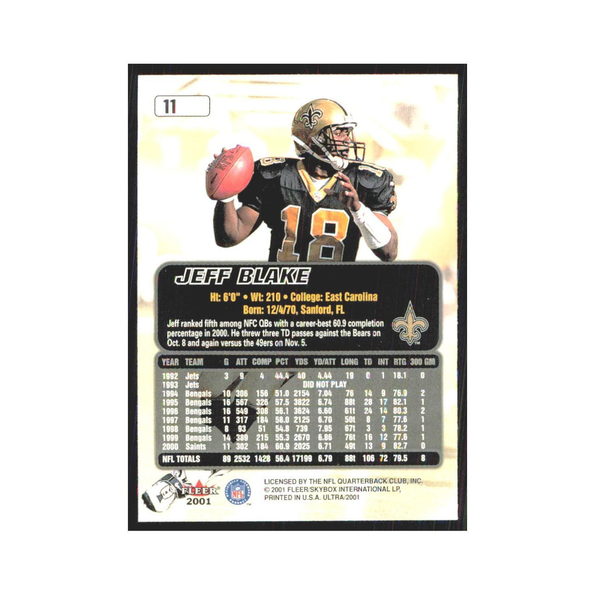 Jeff Blake 2001 Fleer Ultra #11 New Orleans Saints Football Card NM