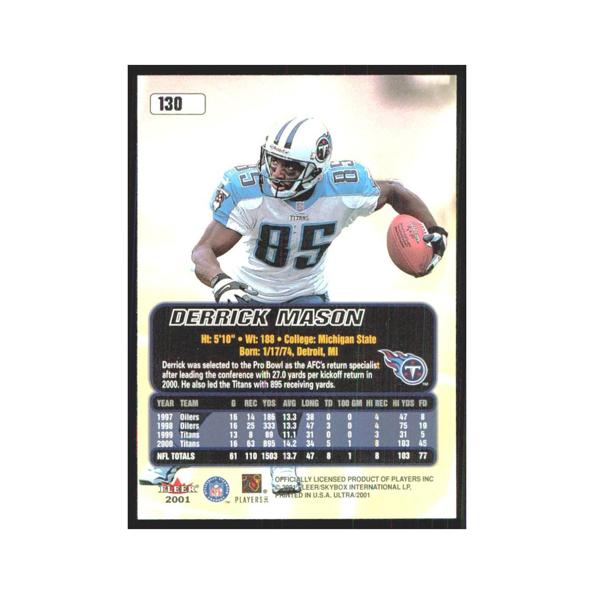 Derrick Mason 2001 Fleer Ultra #130 Tennessee Titans Football Card NM