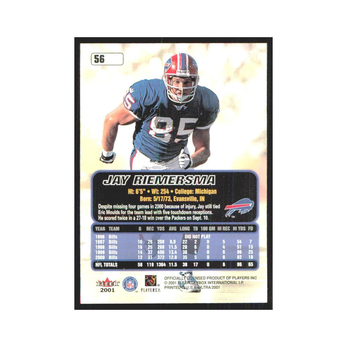 Jay Riemersma 2001 Fleer Ultra #56 Buffalo Bills Football Card NM