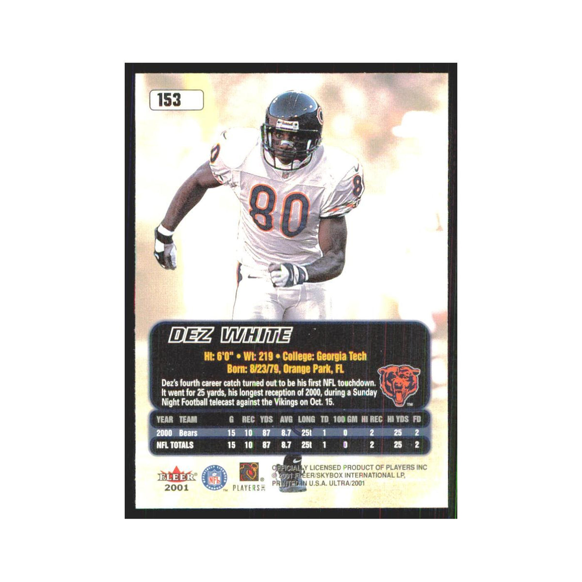 Dez White 2001 Fleer Ultra #153 Chicago Bears Football Card NM