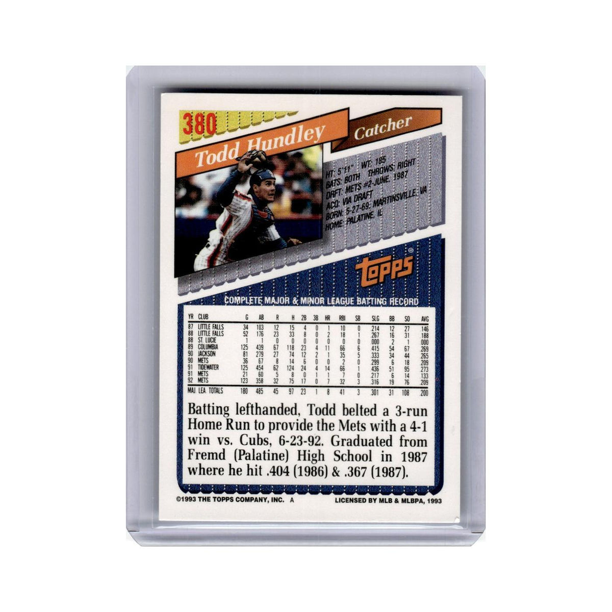 Todd Hundley 1993 Topps #380 New York Mets Baseball Card NM