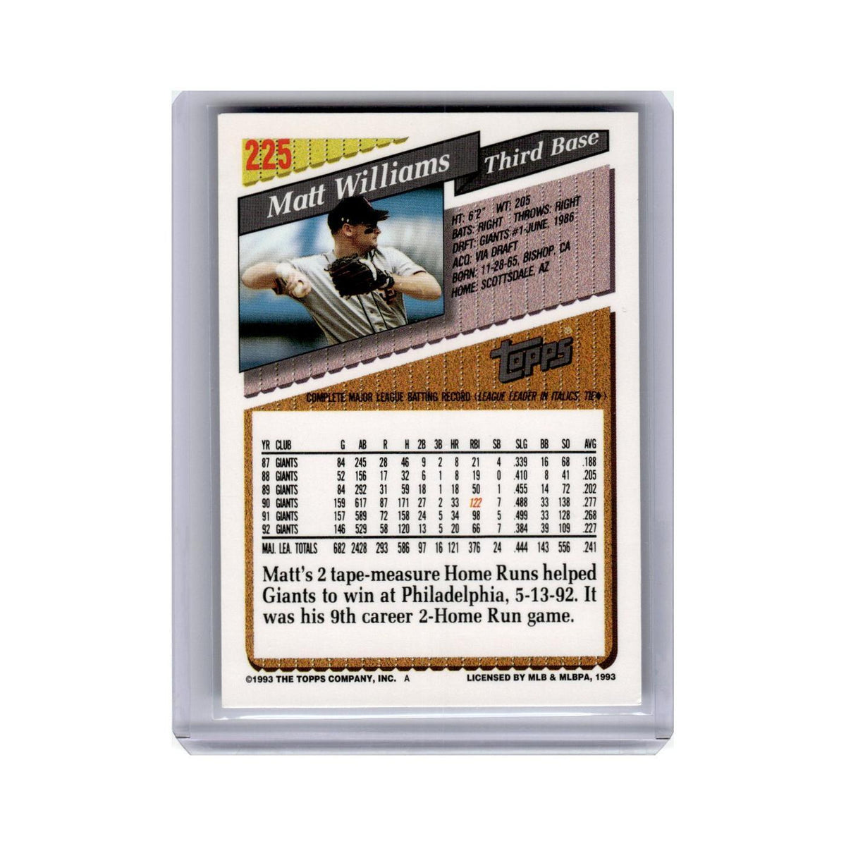 Matt Williams 1993 Topps #225 San Francisco Giants Baseball Card NM