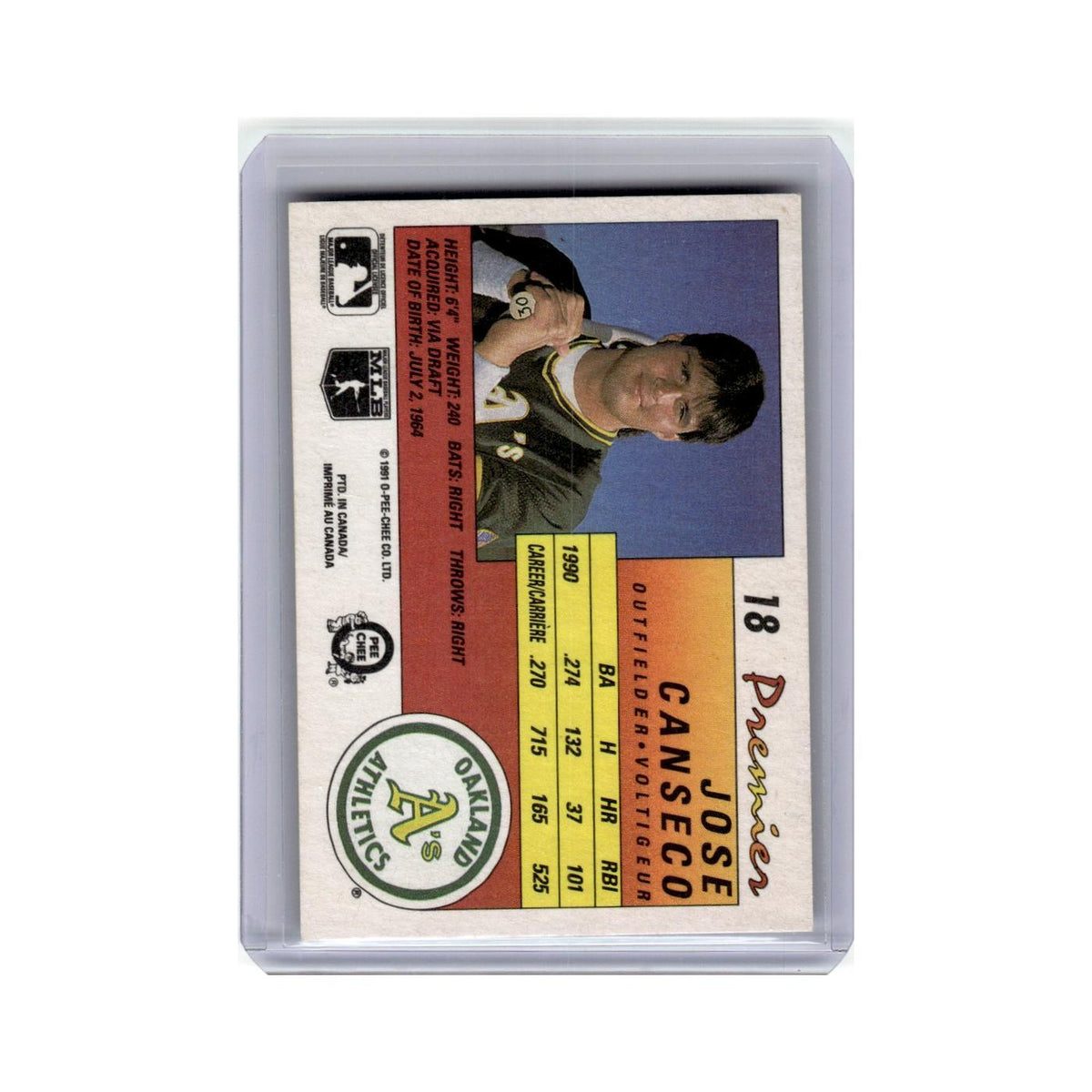 Jose Canseco 1991 O-Pee-Chee Premier #18 Oakland Athletics Baseball Card NM