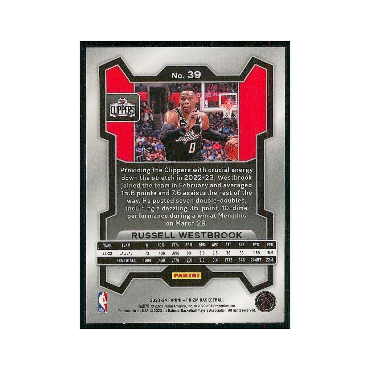 2023 Panini Prizm Russell Westbrook Clippers #39