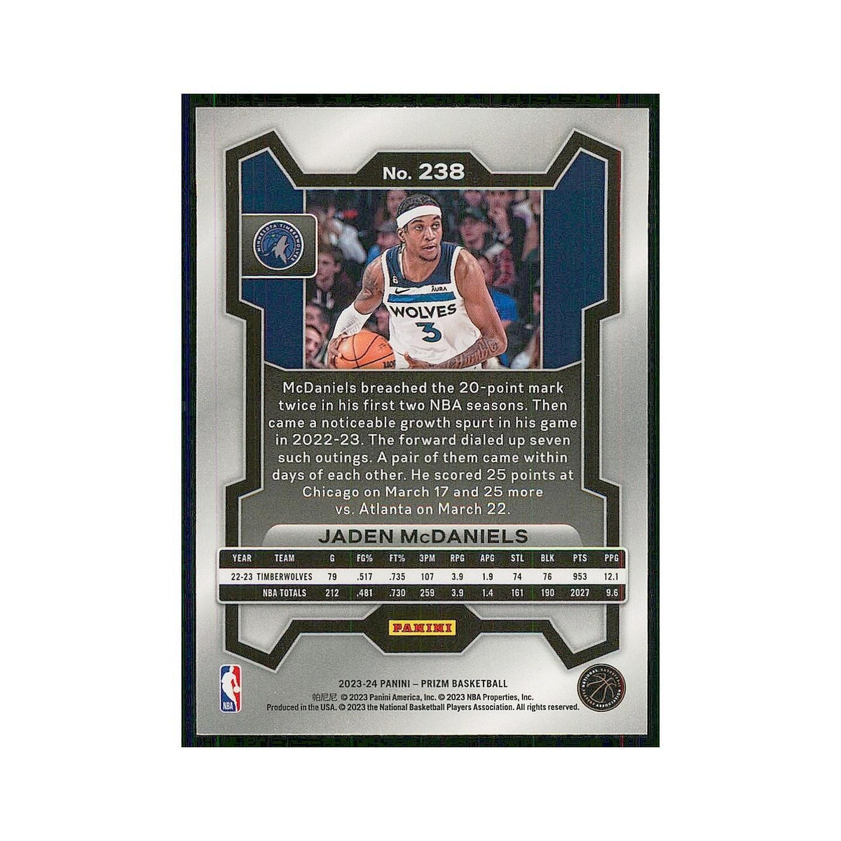 2023 Panini Prizm Jaden McDaniels Timberwolves #238
