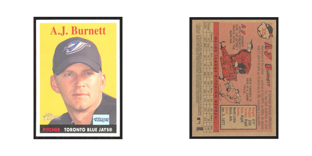A.J. Burnett 2007 Topps Heritage #305 Toronto Blue Jays Baseball Card NM