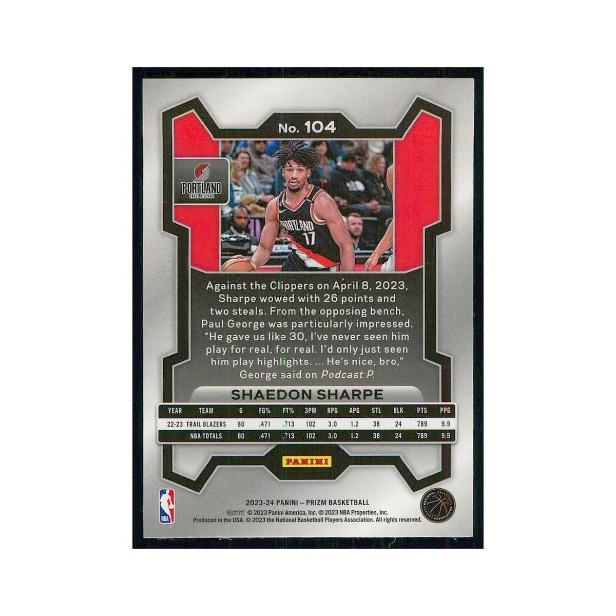 2023 Panini Prizm Shaedon Sharpe Blazers #104