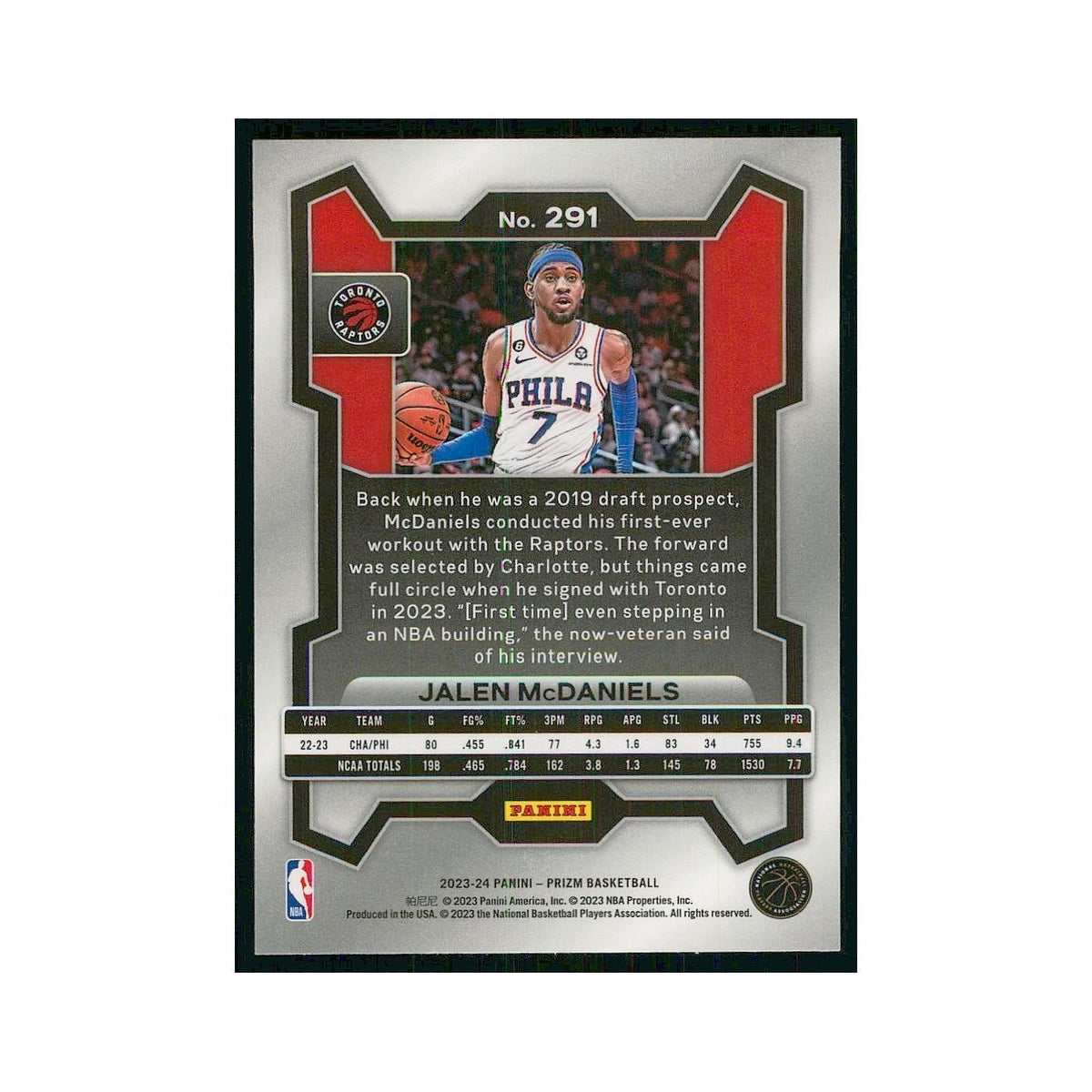 2023 Panini Prizm Jalen McDaniels Raptors #291