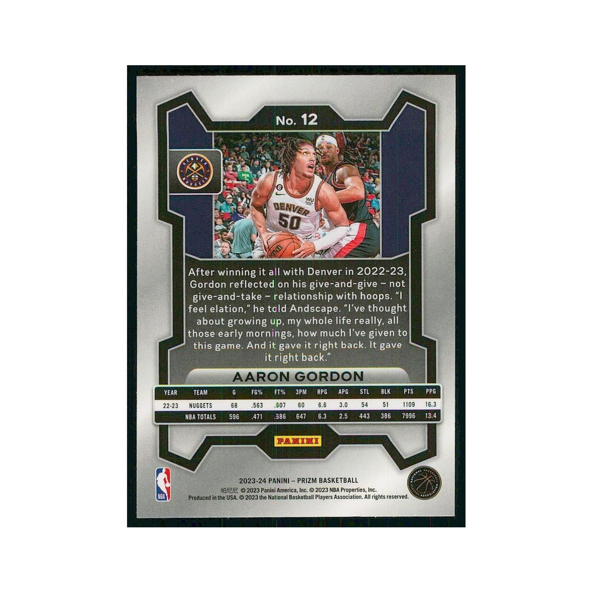 2023 Panini Prizm Aaron Gordon Nuggets #12