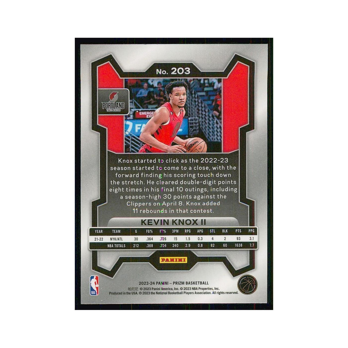 2023 Panini Prizm Kevin Knox II Blazers #203
