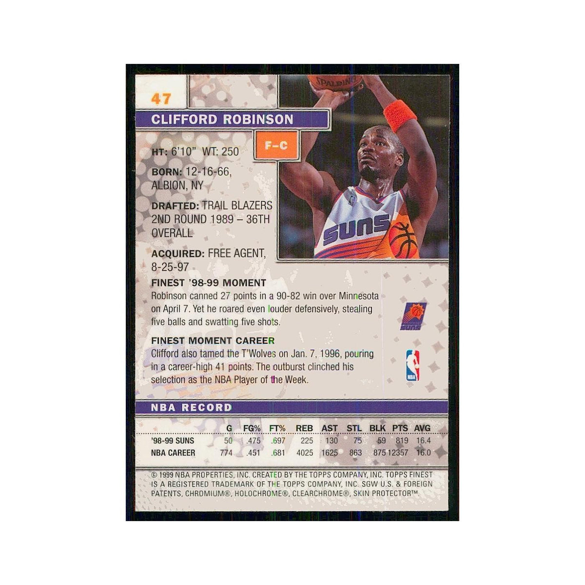 1999 Finest w Coating Clifford Robinson Suns #47