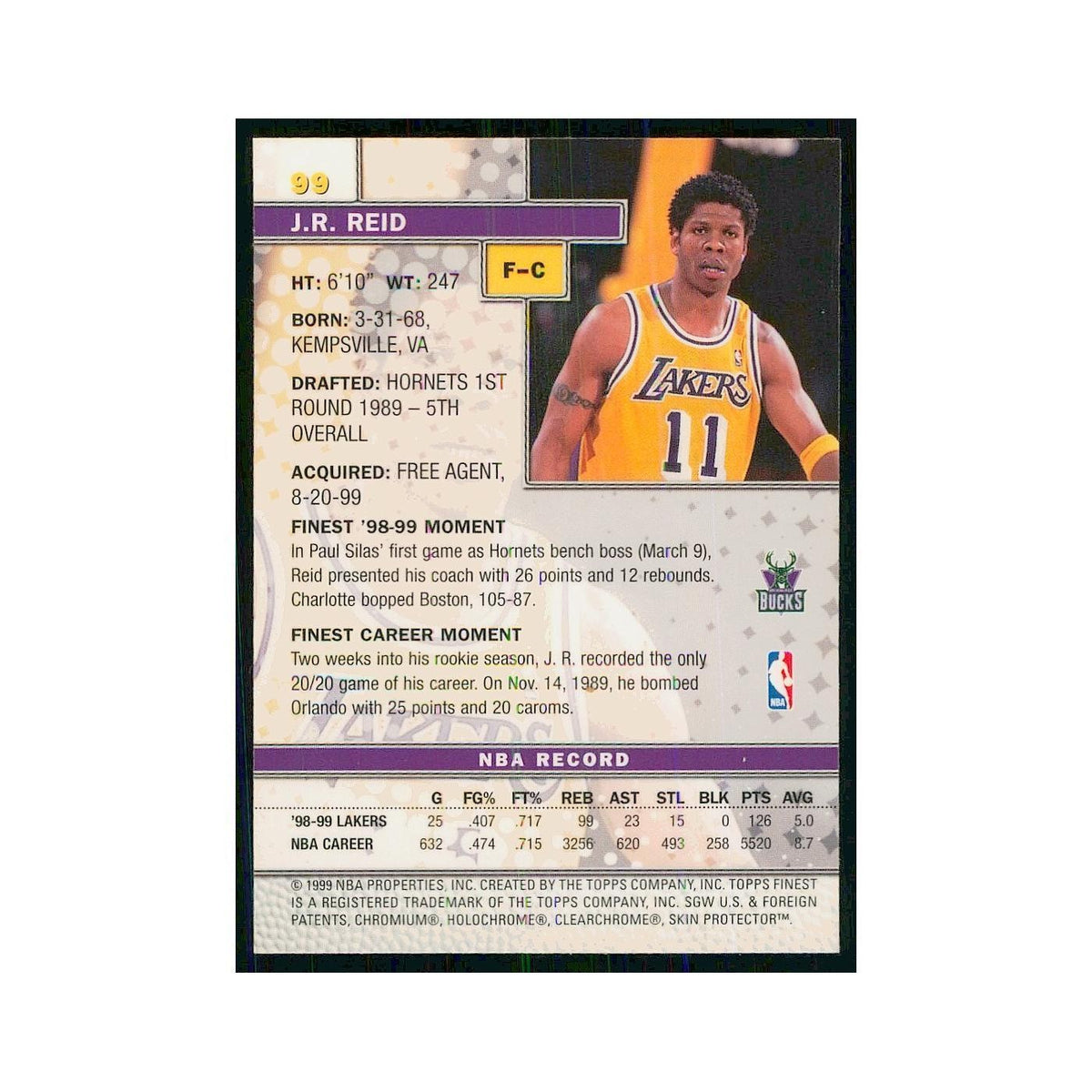 1999 Finest w Coating J.R. Reid Bucks #99