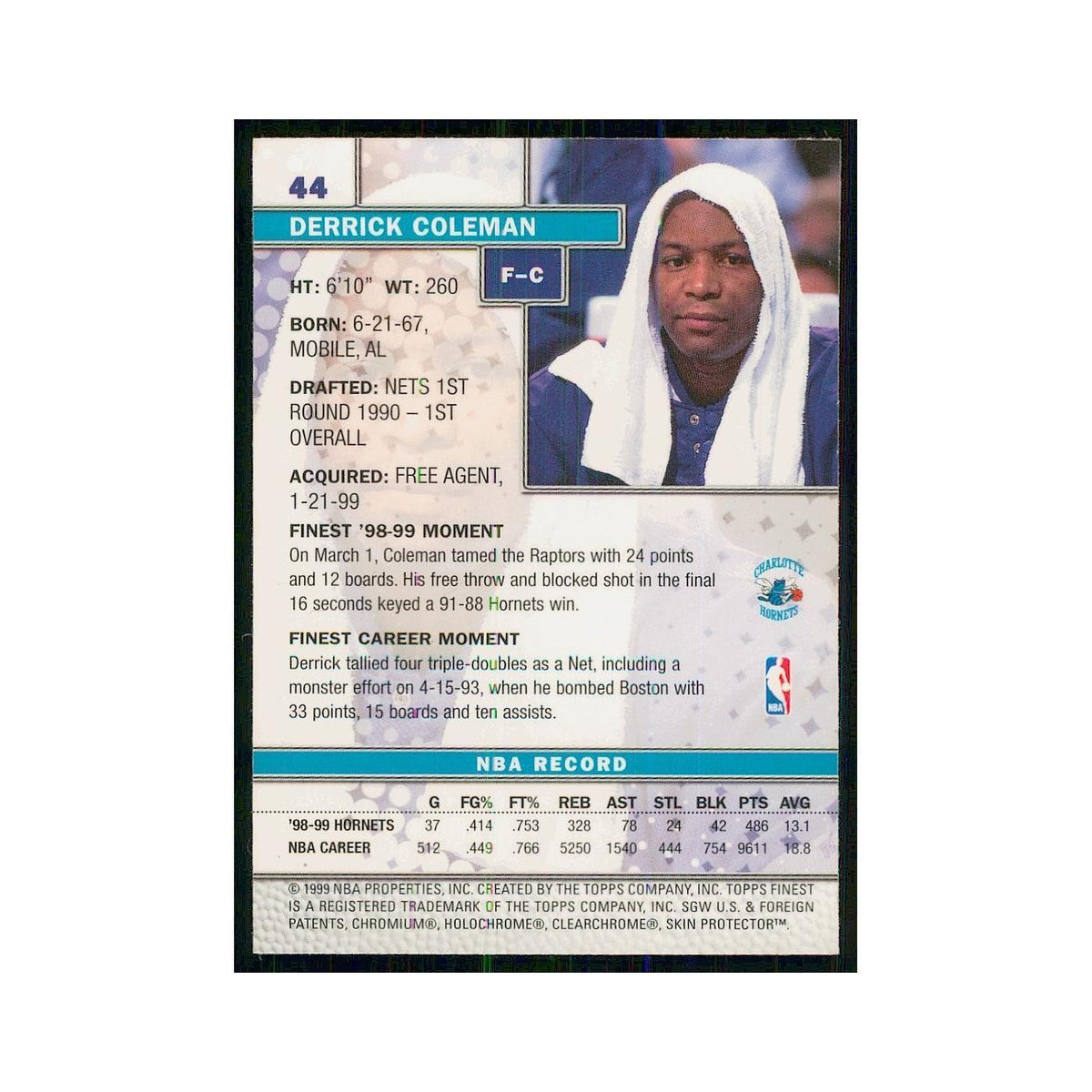 1999 Finest w Coating Derrick Coleman Hornets #44