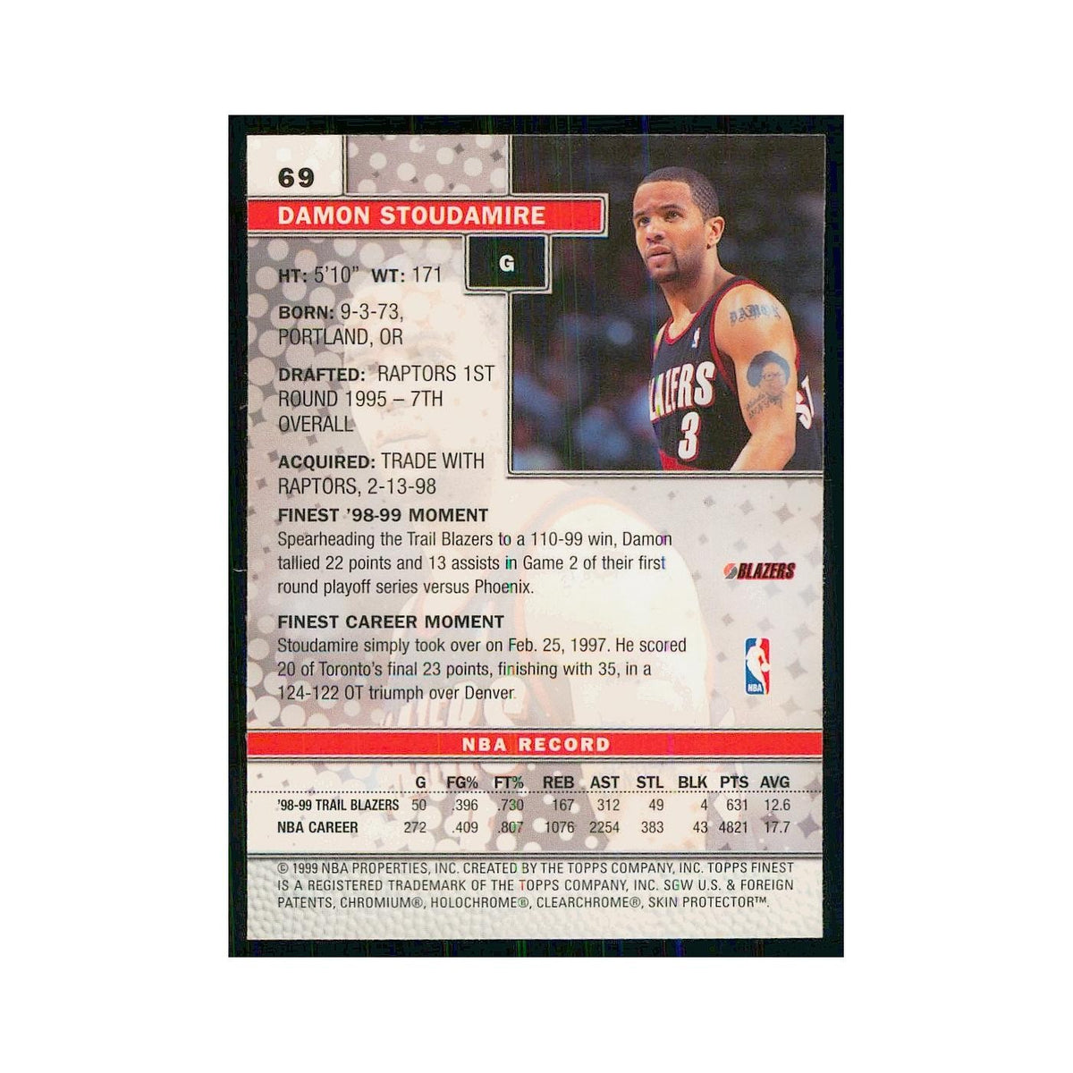 1999 Finest w Coating Damon Stoudamire Blazers #69