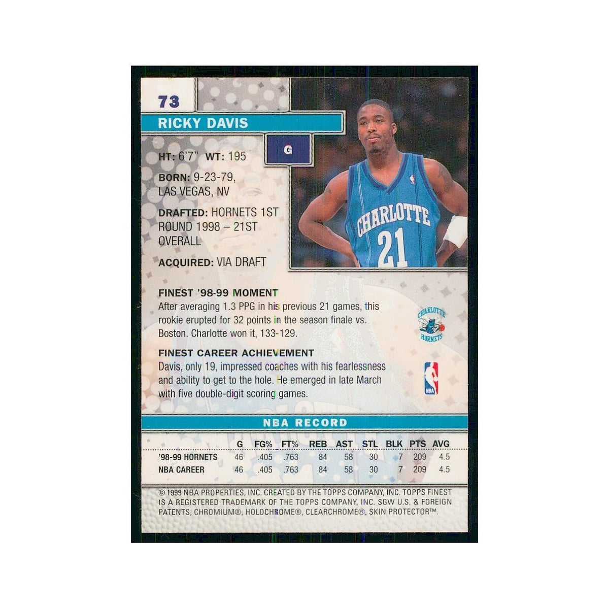 1999 Finest w Coating Ricky Davis Hornets #73