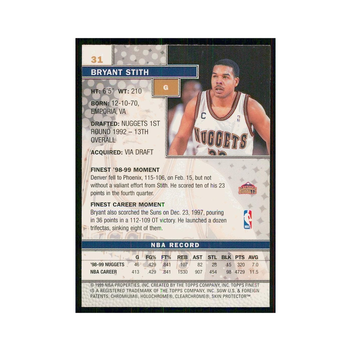 1999 Finest w Coating Bryant Stith Nuggets #31