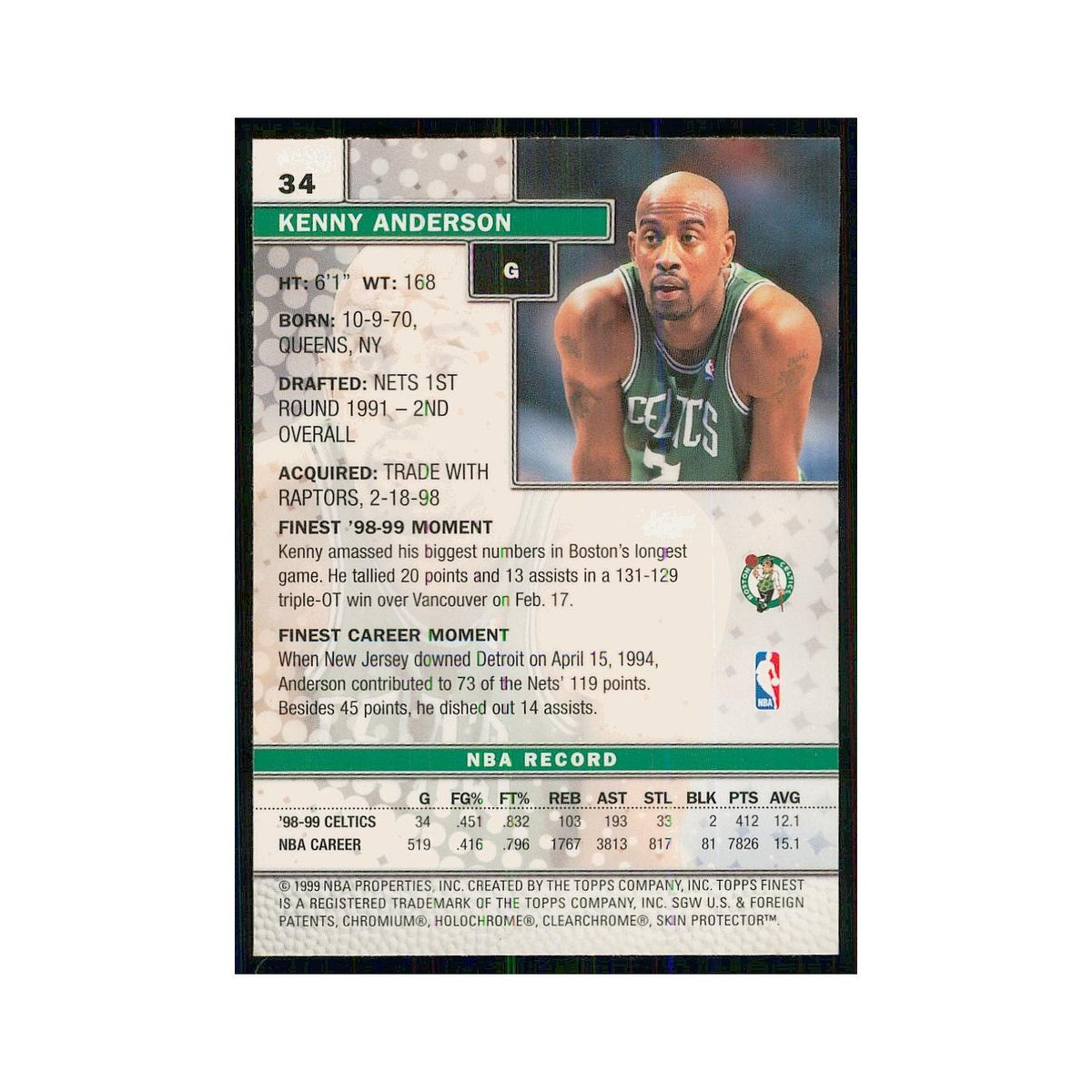 1999 Finest w Coating Kenny Anderson Celtics #34