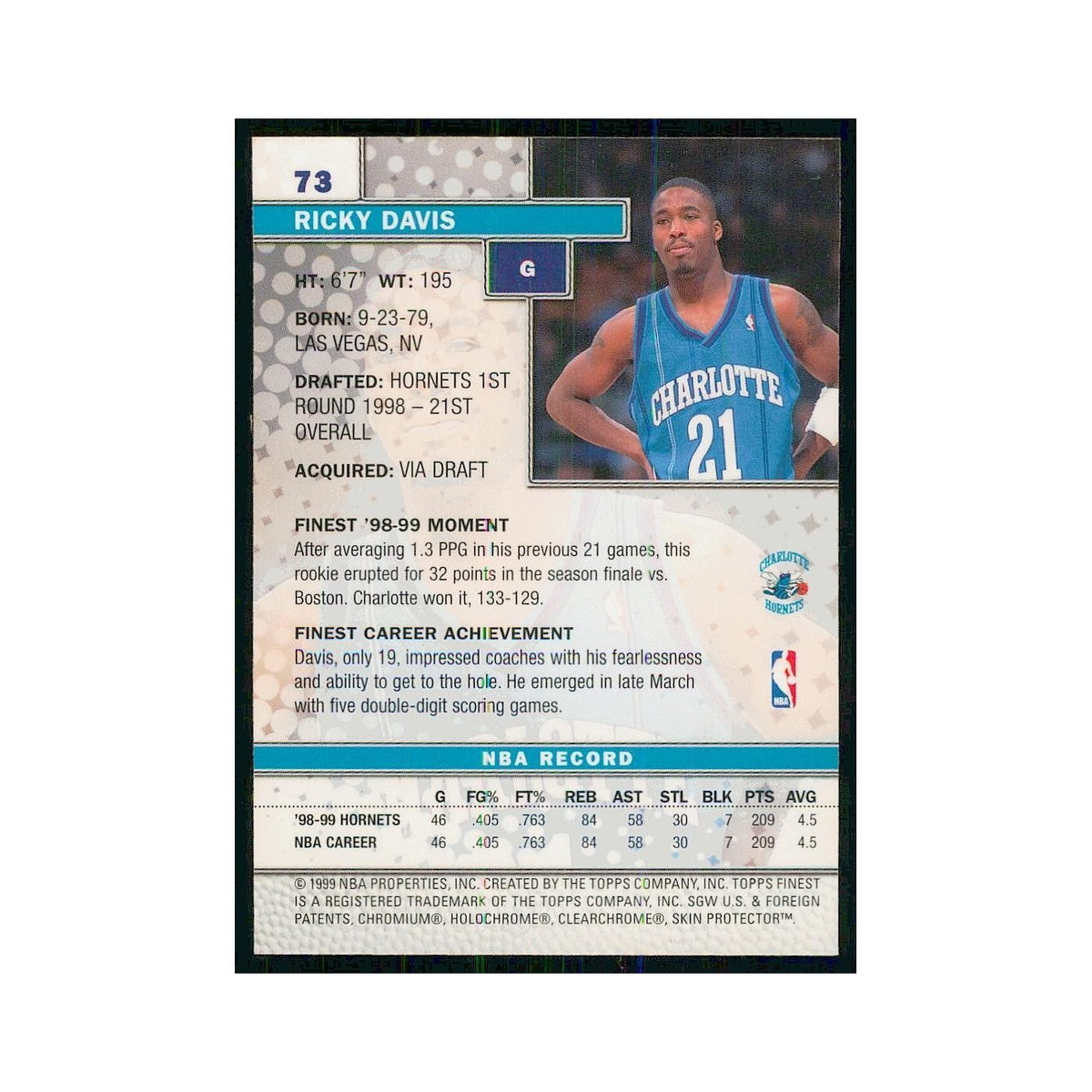 1999 Finest w Coating Ricky Davis Hornets #73