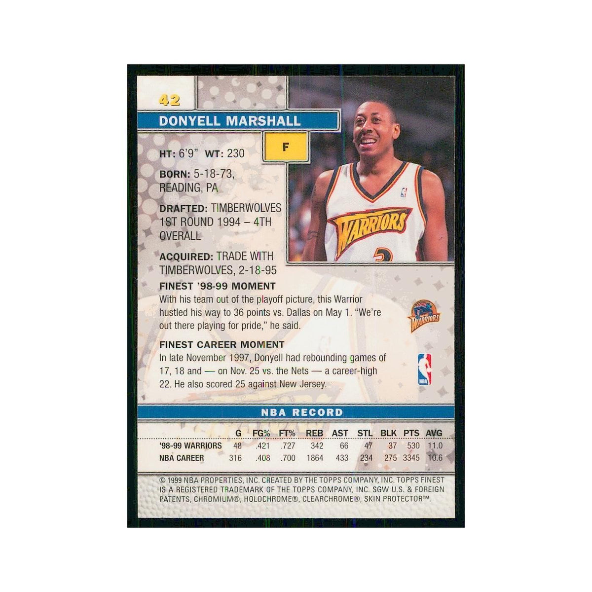 1999 Finest w Coating Donyell Marshall Golden State Warriors #42