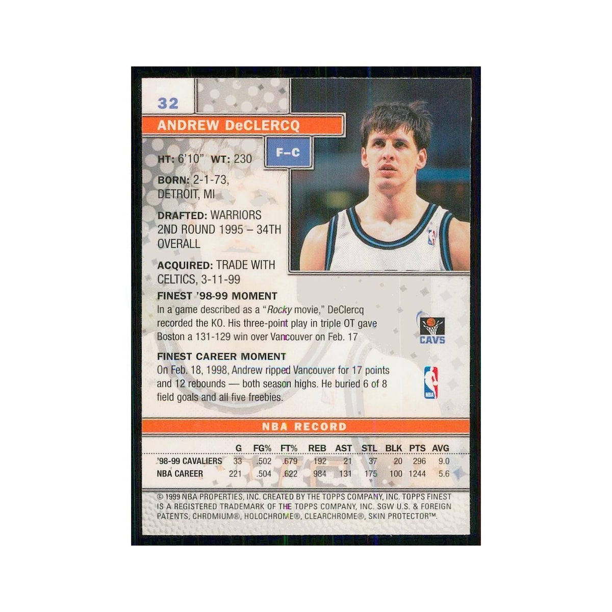 1999 Finest w Coating Andrew DeClercq Cavaliers #32