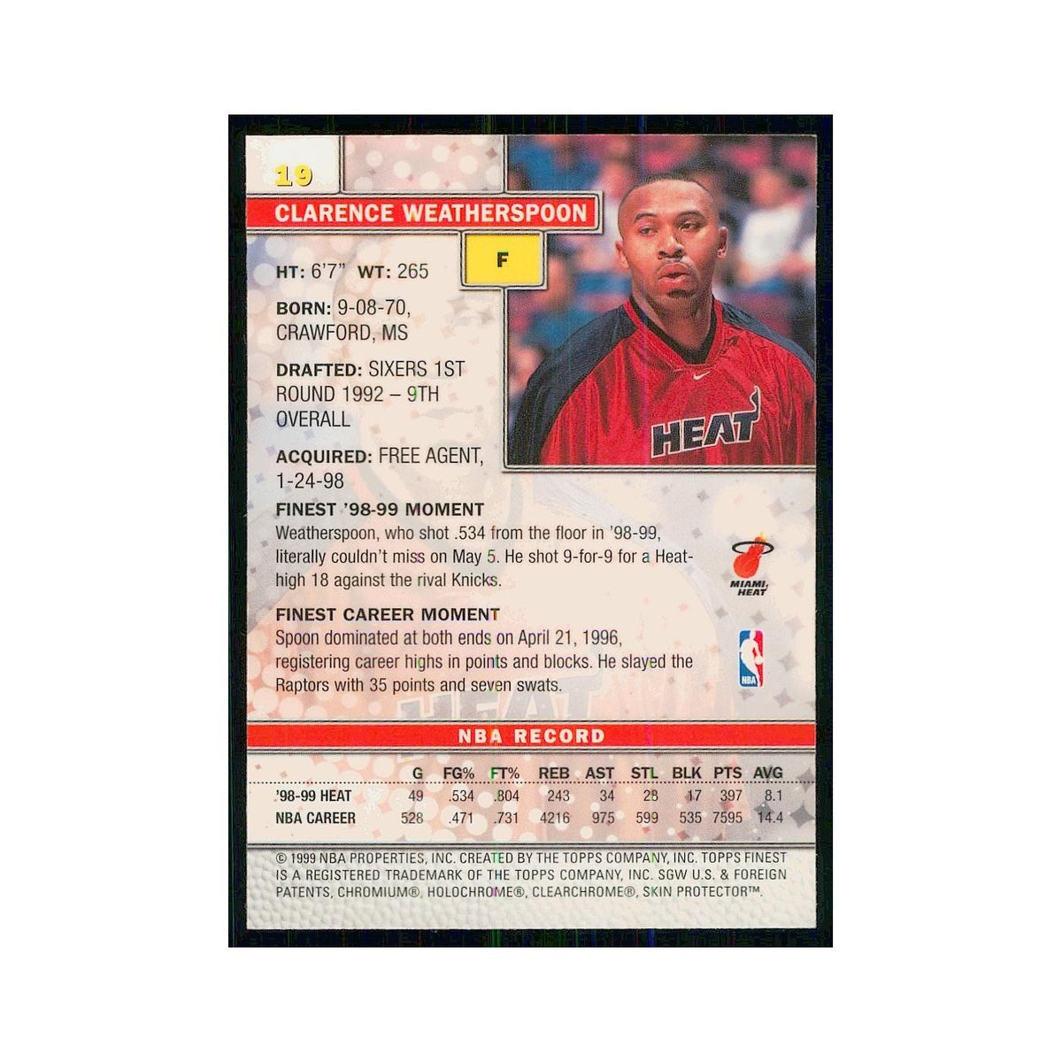 1999 Finest w Coating Clarence Weatherspoon Heat #19