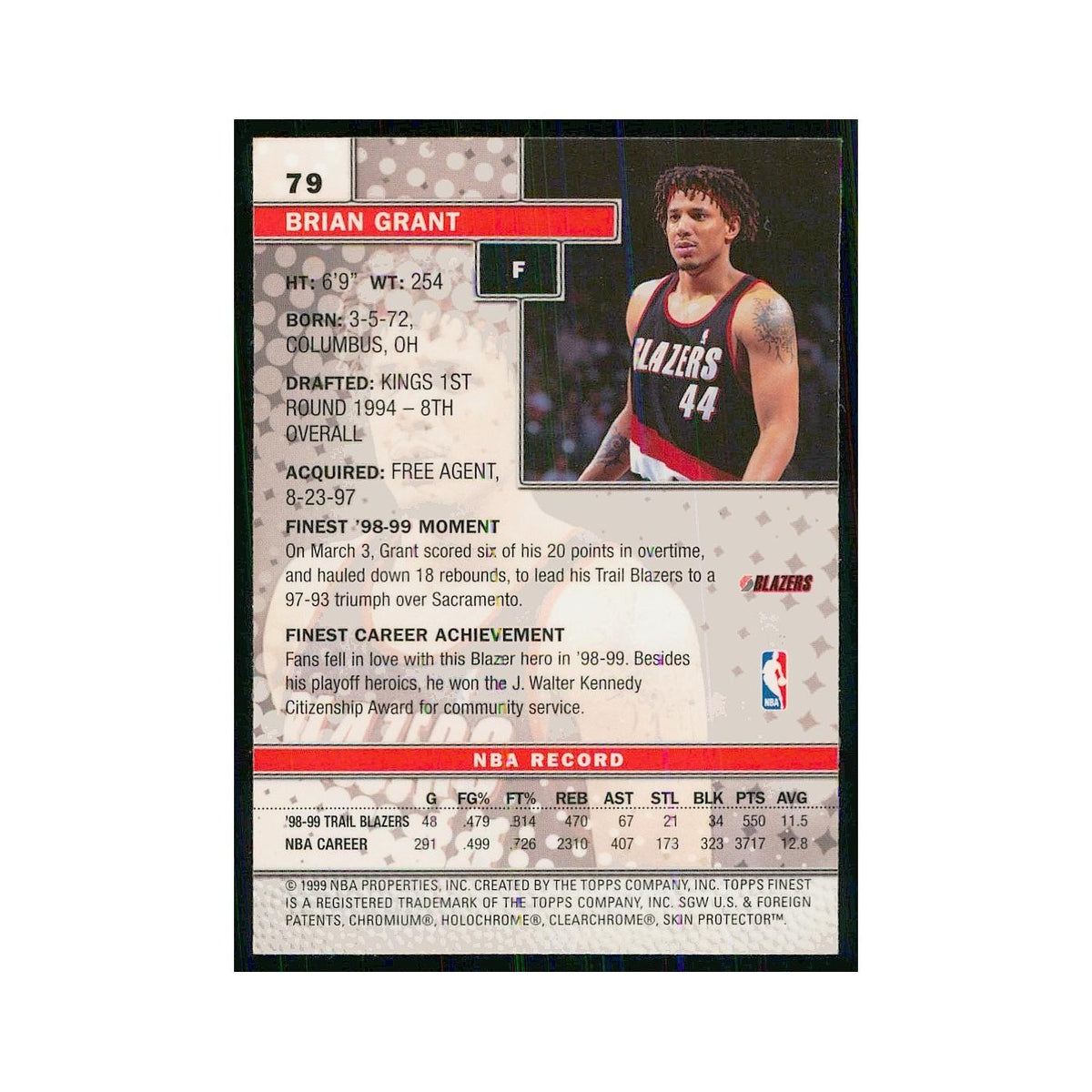 1999 Finest w Coating Brian Grant Blazers #79