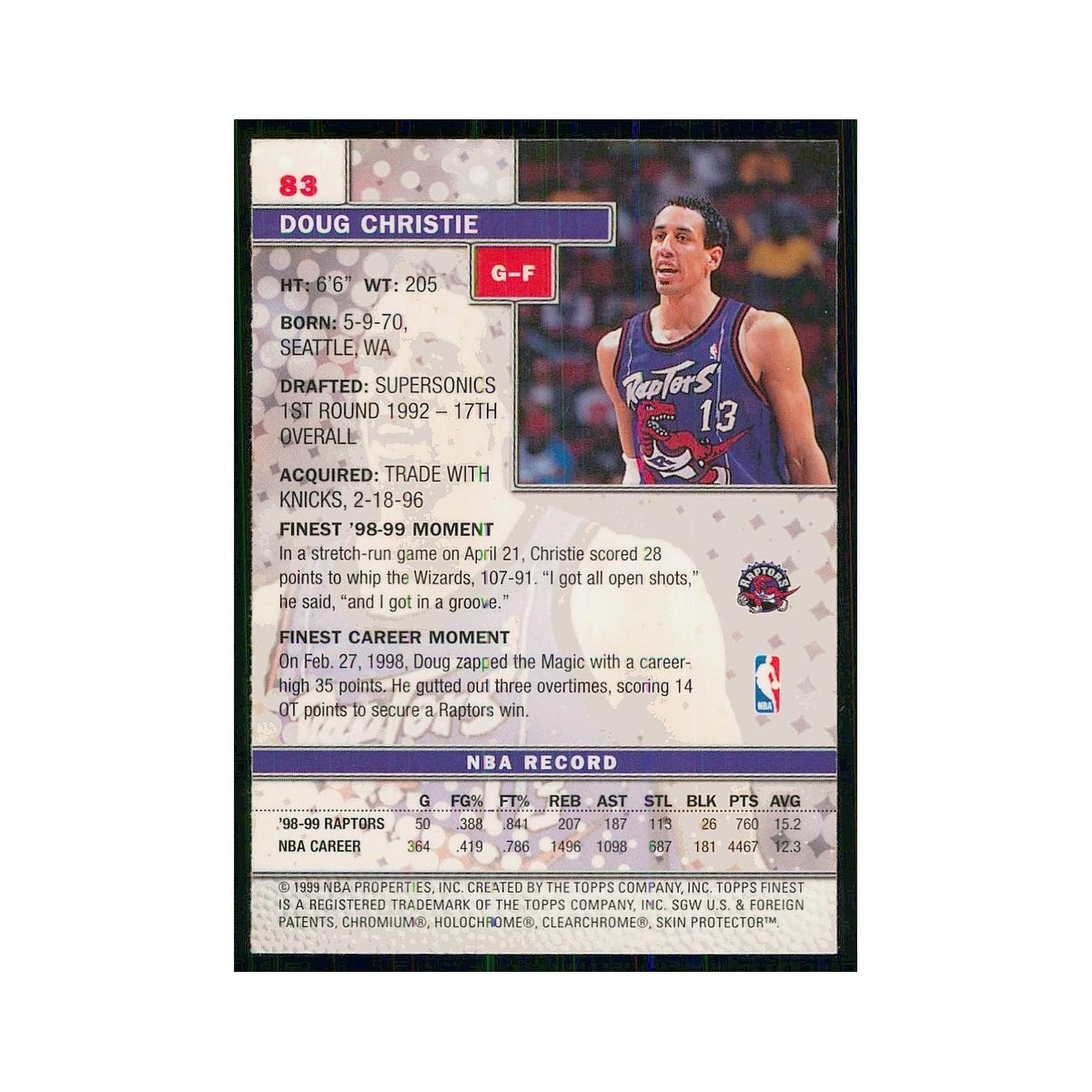 1999 Finest w Coating Doug Christie Raptors #83