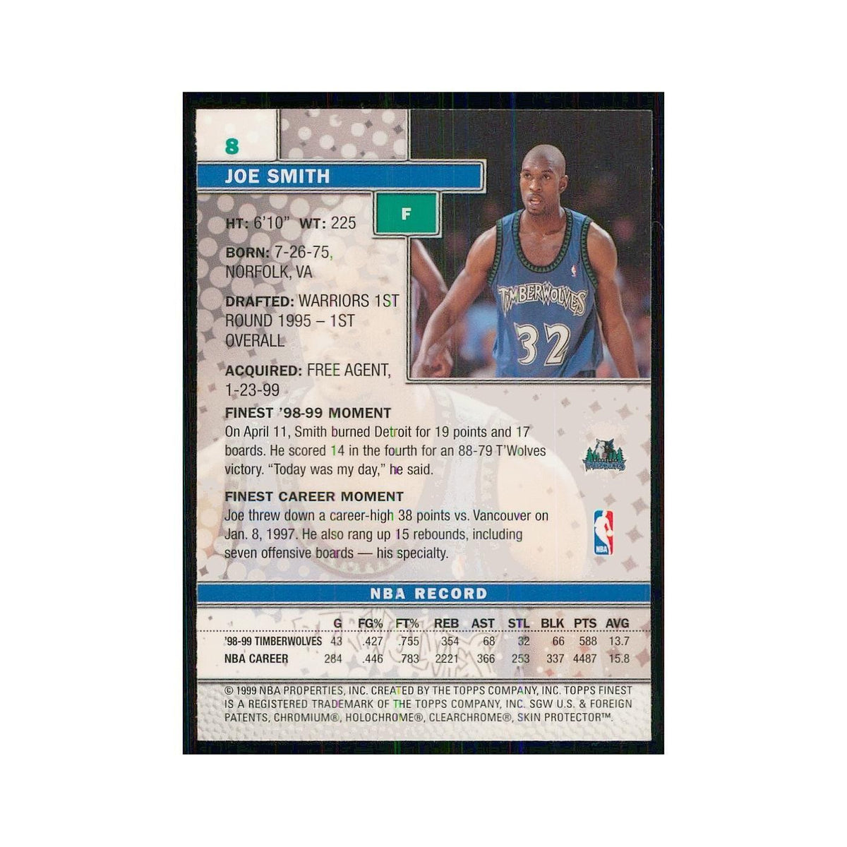 1999 Finest w Coating Joe Smith Timberwolves #8