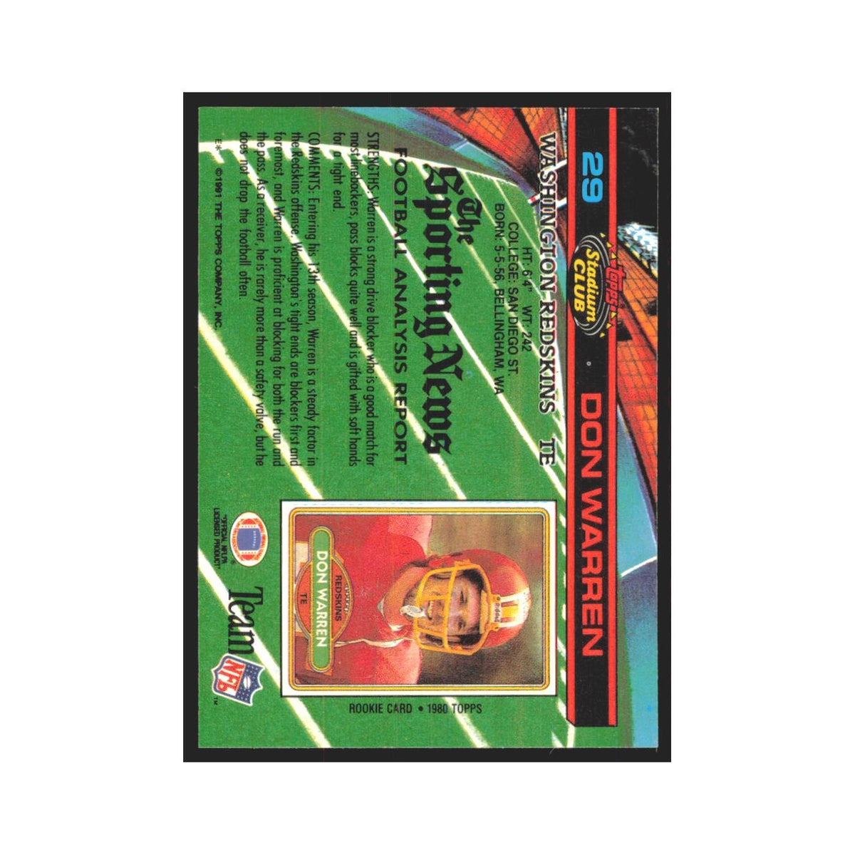 1991 Stadium Club Don Warren Redskins #29