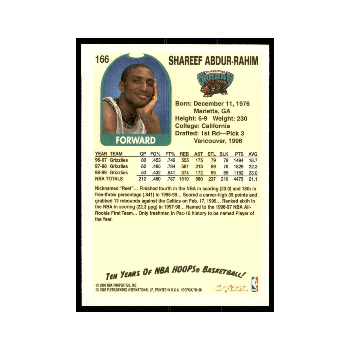 2000 Hoops Decade Shareef Abdur-Rahim Vancouver Grizzlies #166