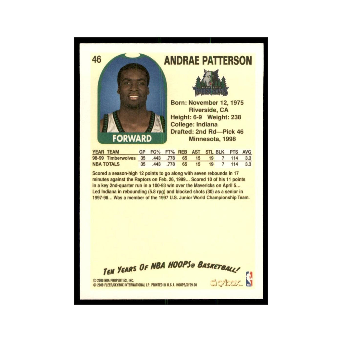 1999 Hoops Decade Andrae Patterson Timberwolves #46