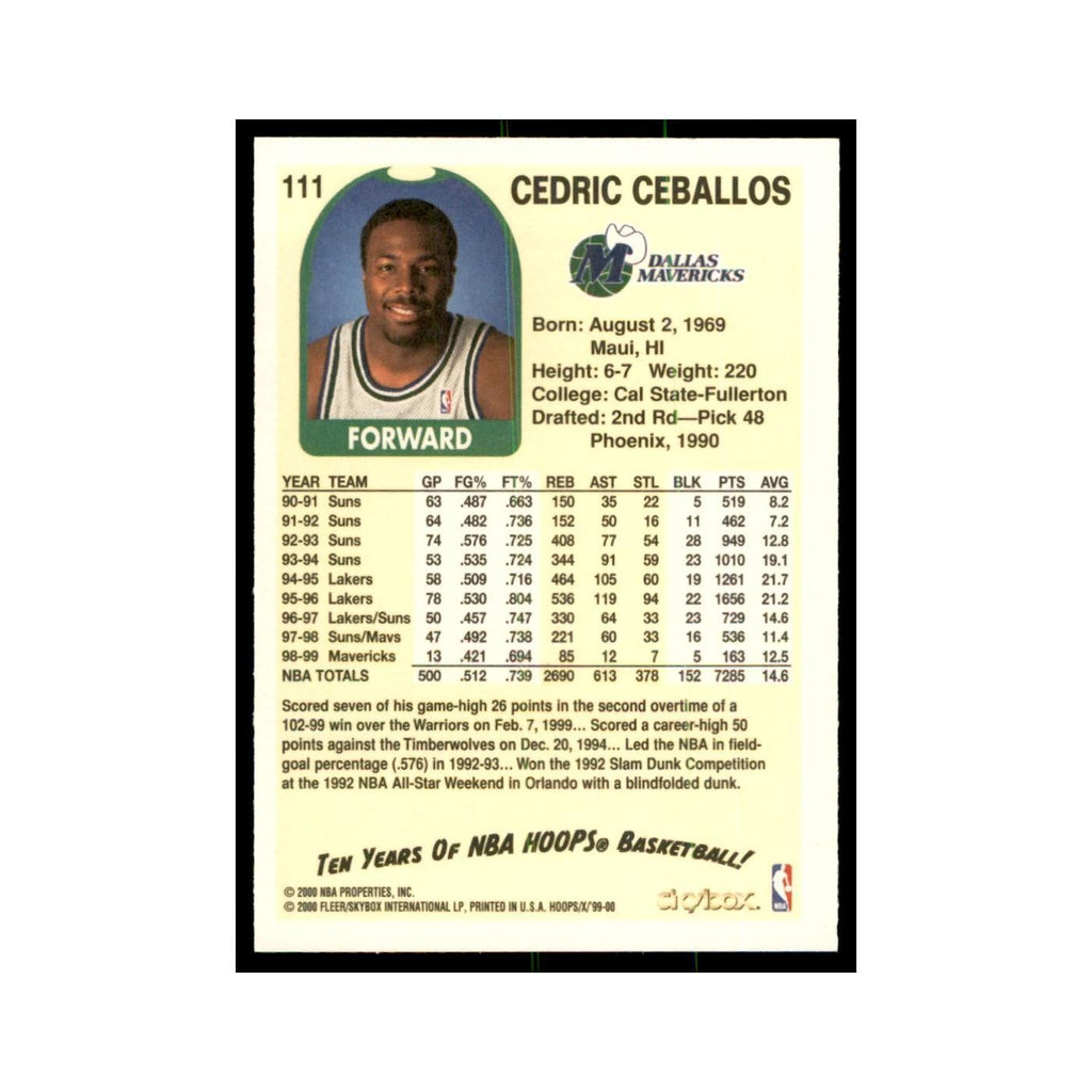 1999 Hoops Decade Cedric Ceballos Mavericks #111