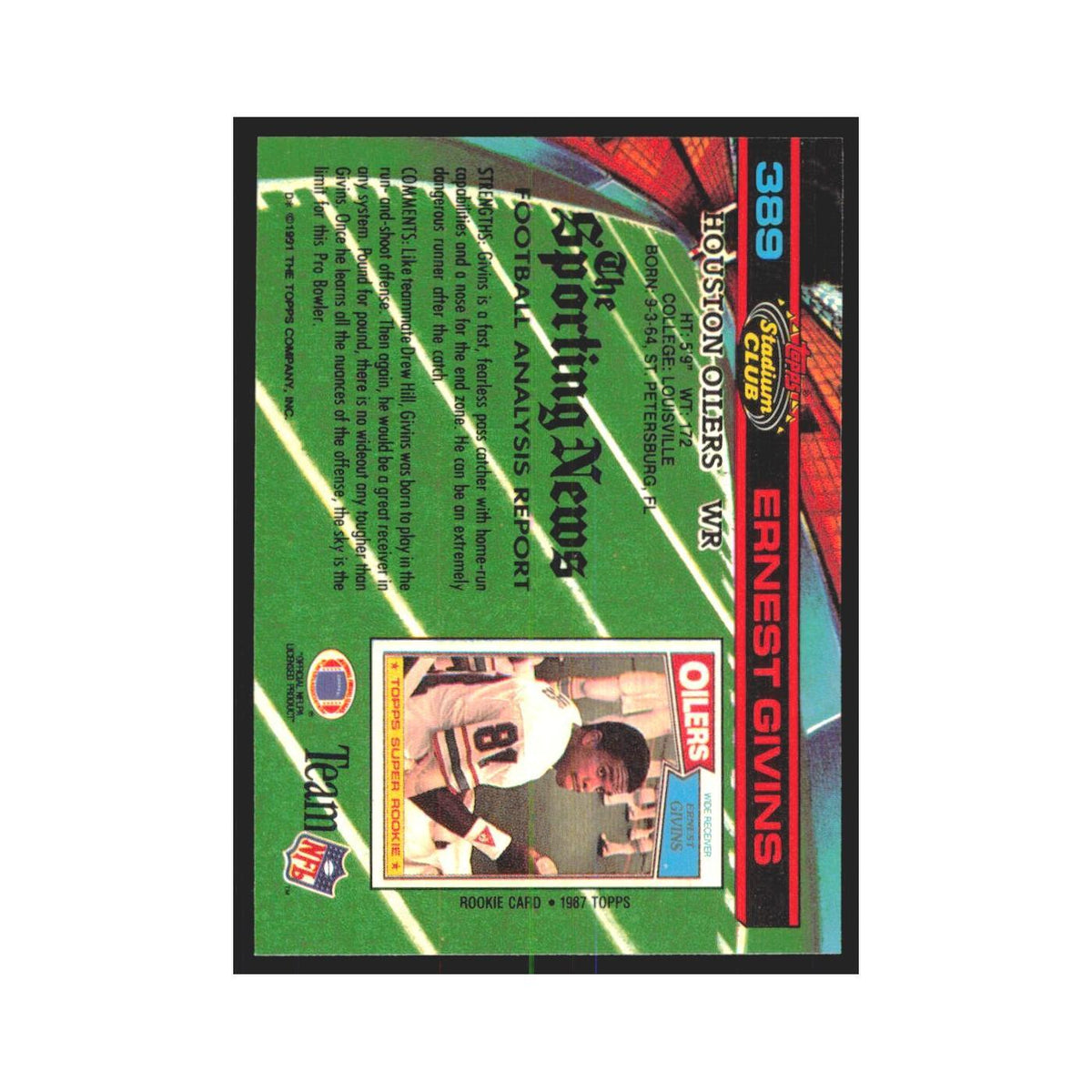 1991 Stadium Club Ernest Givins Houston Oilers #389