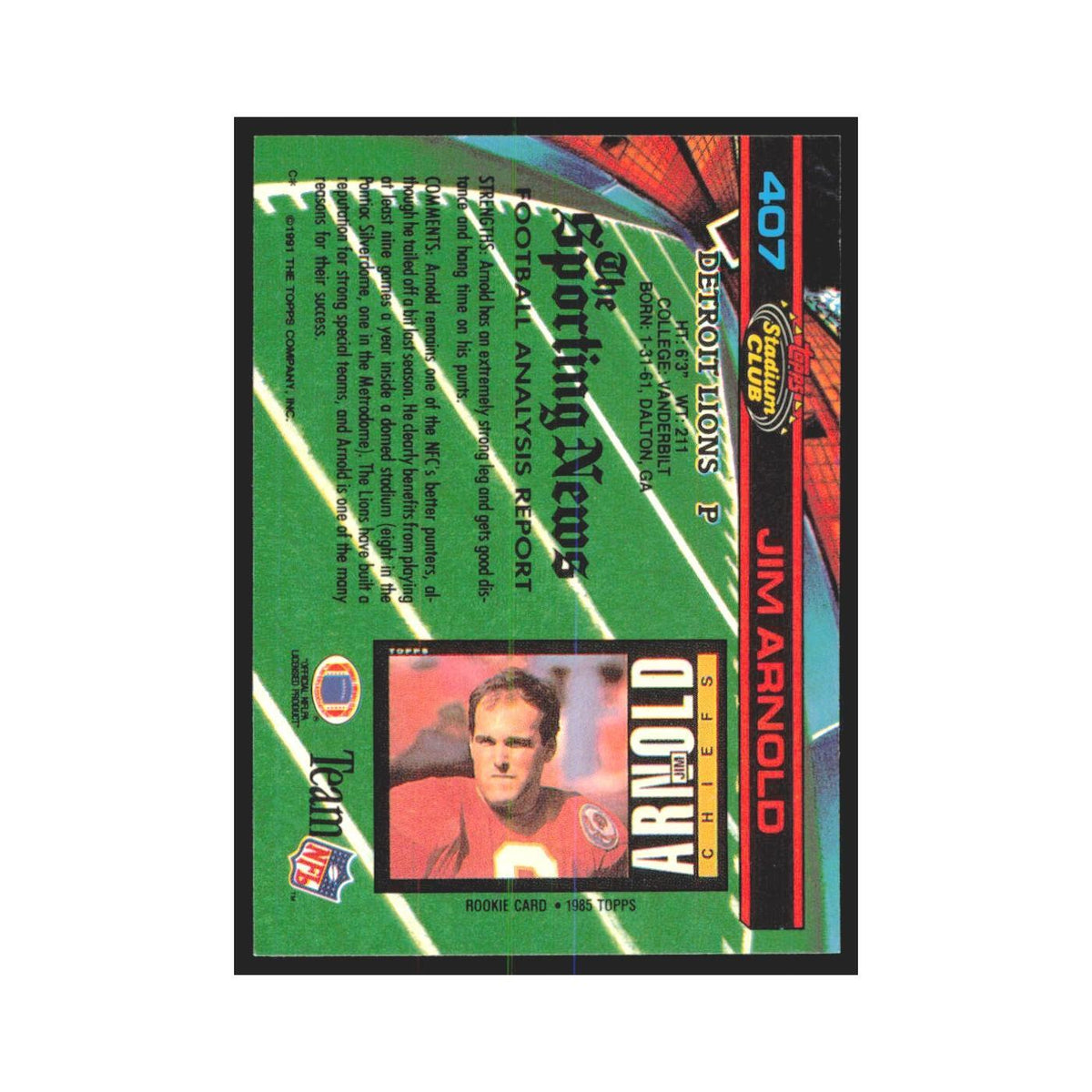 1991 Stadium Club Jim Arnold Lions #407