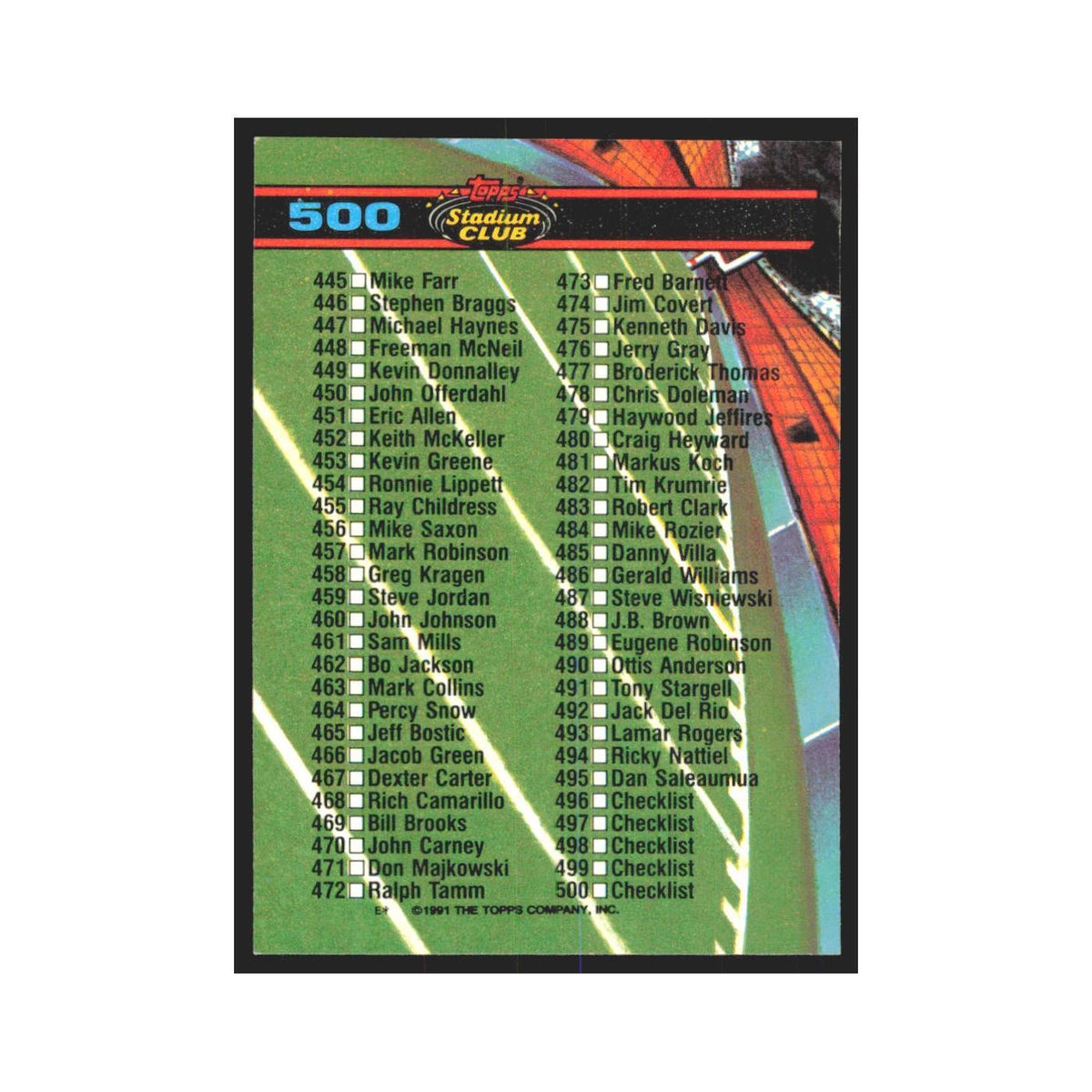 1991 Stadium Club Checklist 401-500 #500