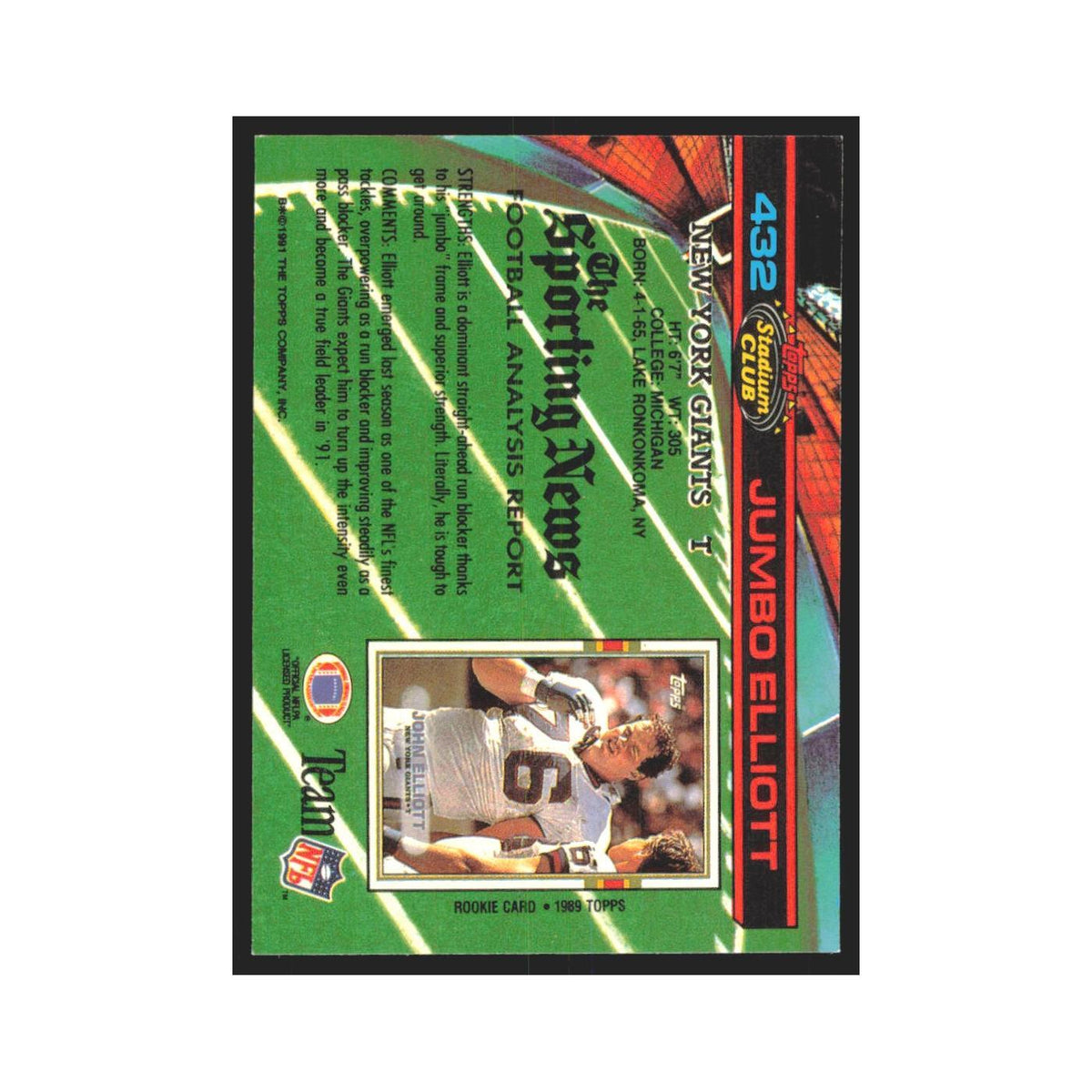 1991 Stadium Club Jumbo Elliott Giants #432