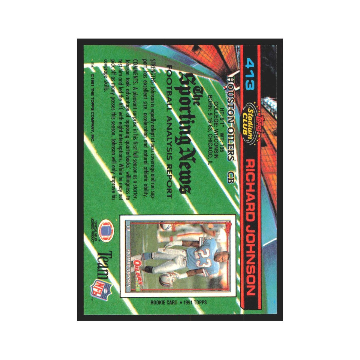 1991 Stadium Club Richard Johnson Houston Oilers #413