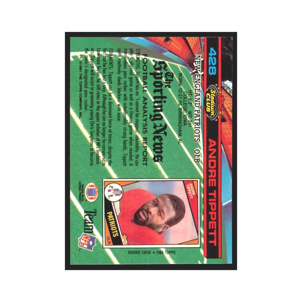 1991 Stadium Club Andre Tippett Patriots #428