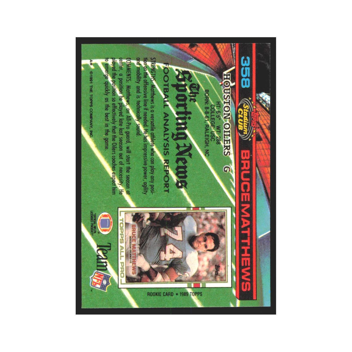 1991 Stadium Club Bruce Matthews Houston Oilers #358