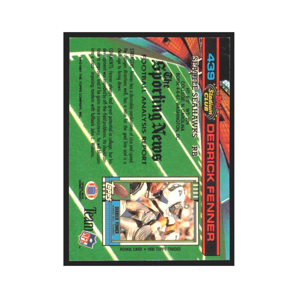 1991 Stadium Club Derrick Fenner Seahawks #439