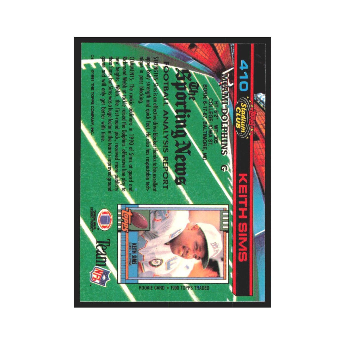 1991 Stadium Club Keith Sims Dolphins #410