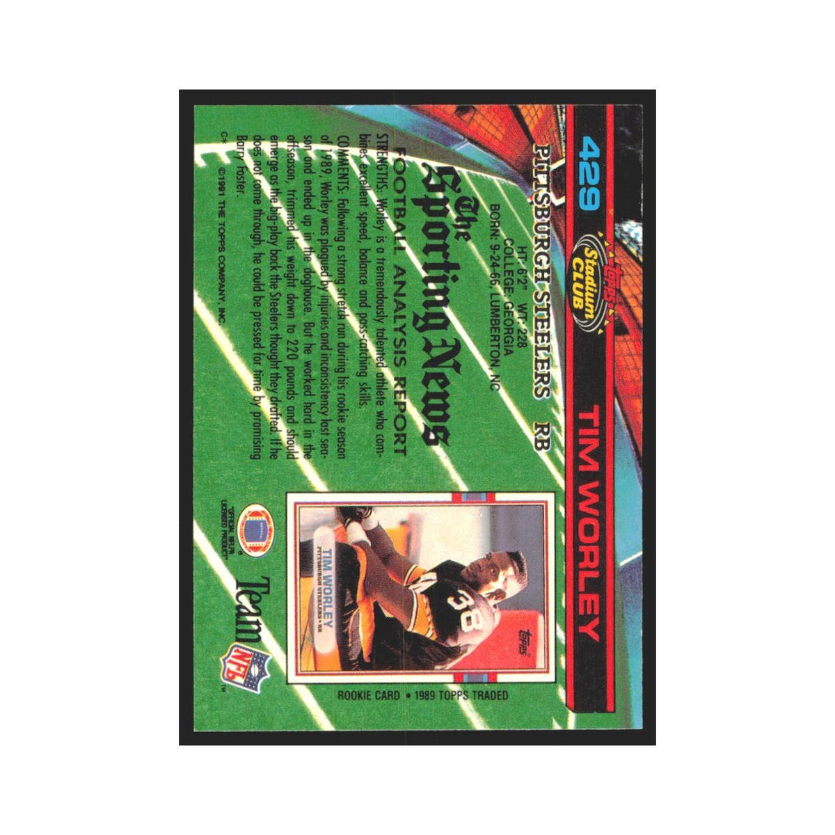 1991 Stadium Club Tim Worley Steelers #429