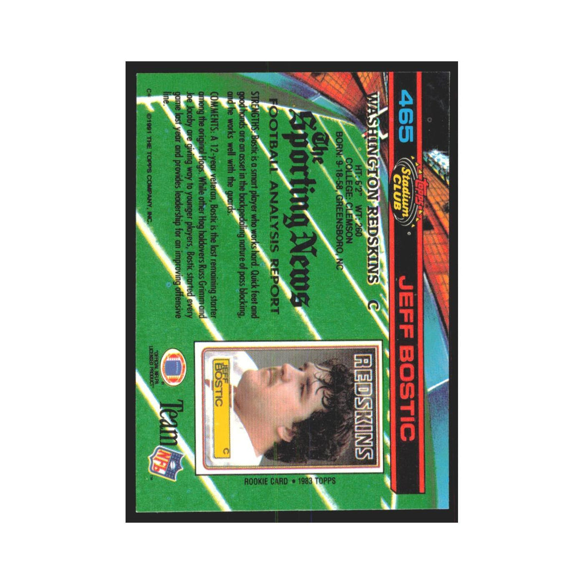 1991 Stadium Club Jeff Bostic Redskins #465